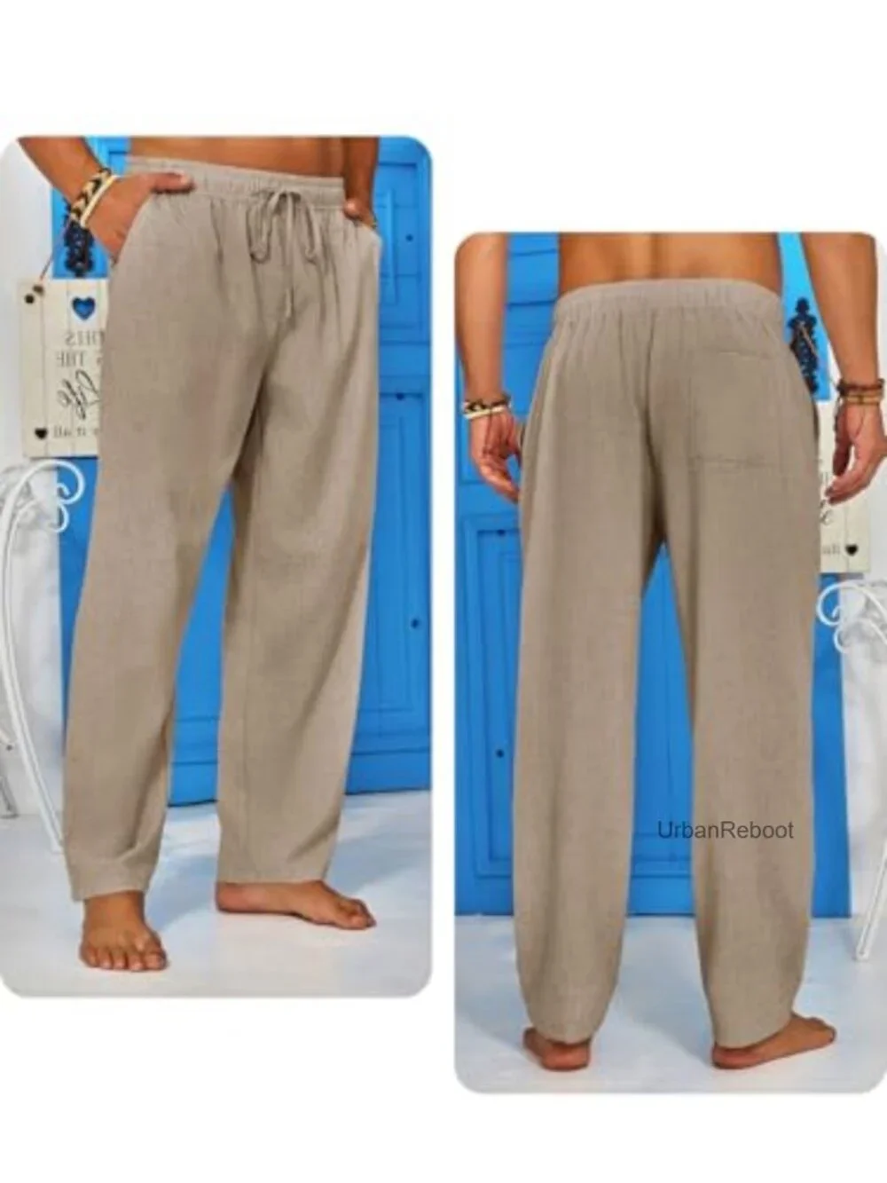 Men's Faux Linen Casual Pants - Elastic Waist Drawstring Trousers Yoga Beach